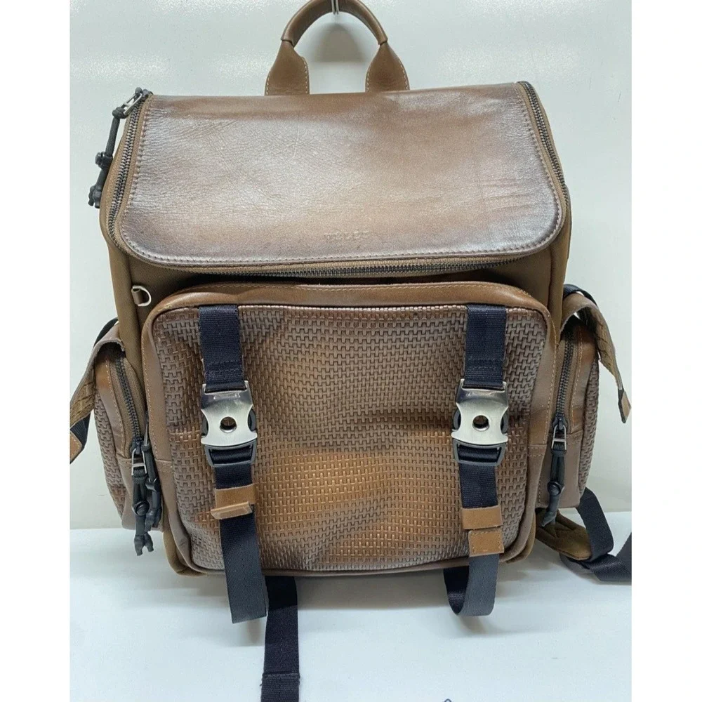 Velez Artisan Designer Leather Backpack Knapsack Brown Woven Accent Travel Bag